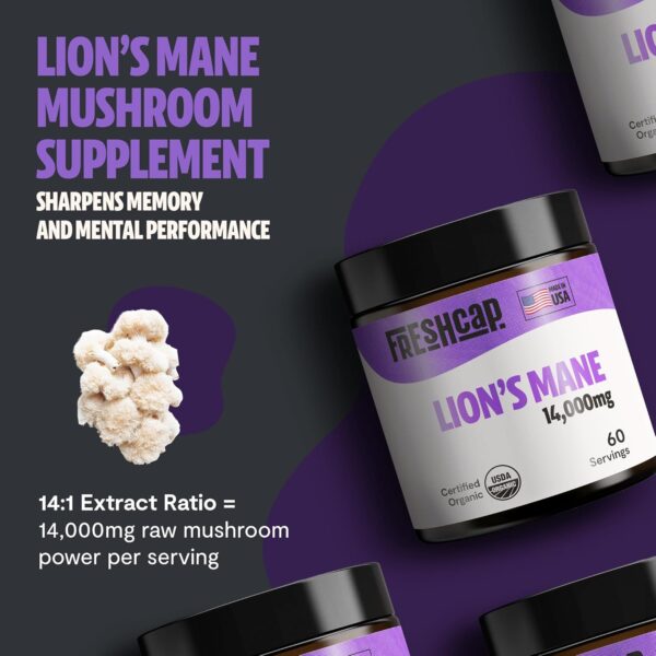 FreshCap Lions Mane Supplement Powder 14,000mg - Lions Mane Mushroom, Lions Mane Extract, Lion's Mane Mushroom, Mushroom Supplement for Focus & Memory, Organic Lions Mane Powder (60 Servings)
