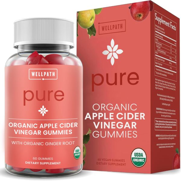 WellPath Pure Organic Apple Cider Vinegar Gummies from The Mother | USDA ACV Gummy with Ginger for Gut Health | Vegan, Non-GMO, 60 Ct