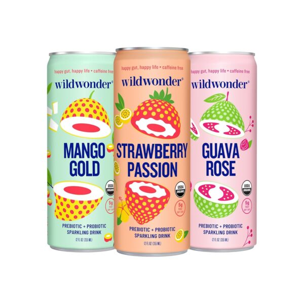 wildwonder Sparkling Probiotic Juice Drink w/Gut Health Immunity, 5g Fiber, Live Probiotics, Caffeine Free, Organic, Vegan, Low Sugar, 12pk 12oz, Tropical Vibes Variety Pack, As Seen on Shark Tank