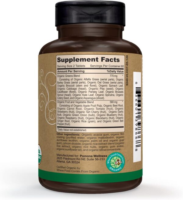 Pomona Wellness Super Greens Supplement, Full Of Superfood Vitamins & Minerals, Fruits & Vegetable, Greens Powder for Bloating and Digestion, Gut Health, USDA Organic, Non-GMO, 120 Tablets