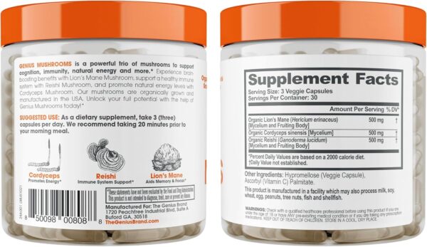 The Genius Brand Genius Lion's Mane Cognition Vitamins Supplement Capsules - Organic Nootropic Supplement, 1200mg per Serving – 120 Veggie Pills