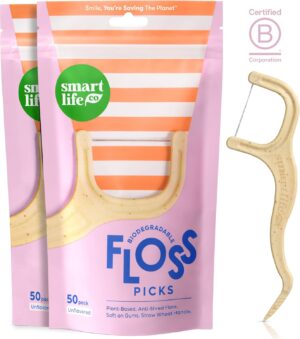 SmartLifeco Biodegradable Dental Floss Picks - Plant Based Tooth Flosser for Adults & Kids | Eco-Friendly Unwaxed Floss | Toothpick Stick Soft On Gum & Teeth | Compostable, Vegan, Unflavored 100ct