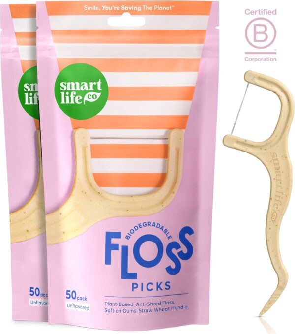 SmartLifeco Biodegradable Dental Floss Picks - Plant Based Tooth Flosser for Adults & Kids | Eco-Friendly Unwaxed Floss | Toothpick Stick Soft On Gum & Teeth | Compostable, Vegan, Unflavored 100ct