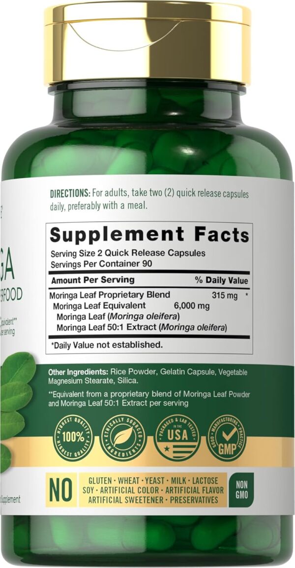Carlyle Moringa Oleifera | 180 Capsules | Non-GMO and Gluten Free Supplement | Complete Green Superfood | from Moringa Leaf Powder