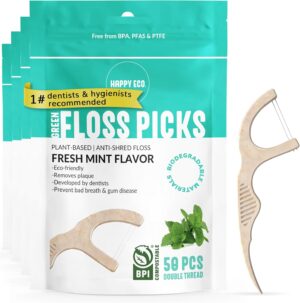 Double Floss Picks Biodegradable (200pcs) - Plant Based Natural Dental Floss Sticks- Flossers for Adults & Kids - Nontoxic Vegan Tooth Pick Flossers - Mint