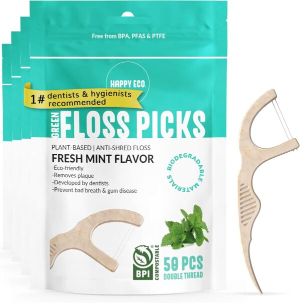 71ERYndbVhL._AC_SL1500_.jpg Double Floss Picks Biodegradable (200pcs) - Plant Based Natural Dental Floss Sticks- Flossers for Adults & Kids - Nontoxic Vegan Tooth Pick Flossers - Mint