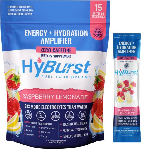 Hyburst Energy + Hydration Amplifier - Multivitamin Electrolyte Powder Packets with Vitamins D3 K2 & B6 B12 | L-Theanine, Cane Sugar, Caffeine Free Energy Drink Powder | Raspberry Lemonade, 15 Pack