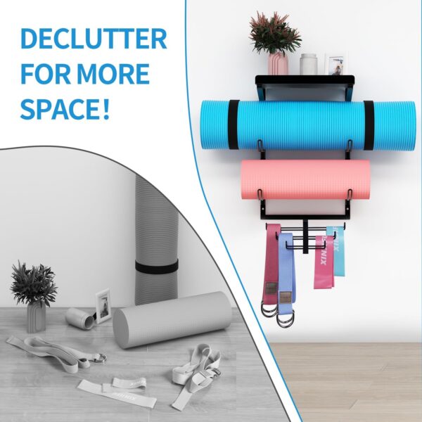 Yoga Mat Holder Wall Mount Yoga Mat Storage Rack Home Gym Accessories with 3 Sectional and 7 Hooks for Hanging Foam Roller and Resistance Bands at Fitness Class or Home Gym
