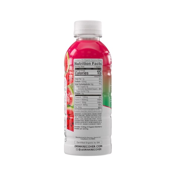 RECOVER 180 Organic Sports Hydration Drink, No Sugar Added, 15 Calorie Sports Beverage, Organic Flavors With Vitamins, Potassium-Packed Electrolytes (16.9 Fl Oz (Pack of 12), Watermelon)