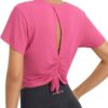 BALEAF Women's Open Back Workout Tops Short Sleeve Crop Yoga Shirts Lightweight Athletic Gym Exercise T-Shirts