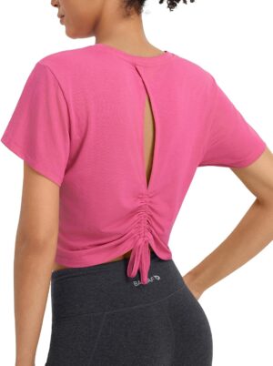 BALEAF Women's Open Back Workout Tops Short Sleeve Crop Yoga Shirts Lightweight Athletic Gym Exercise T-Shirts