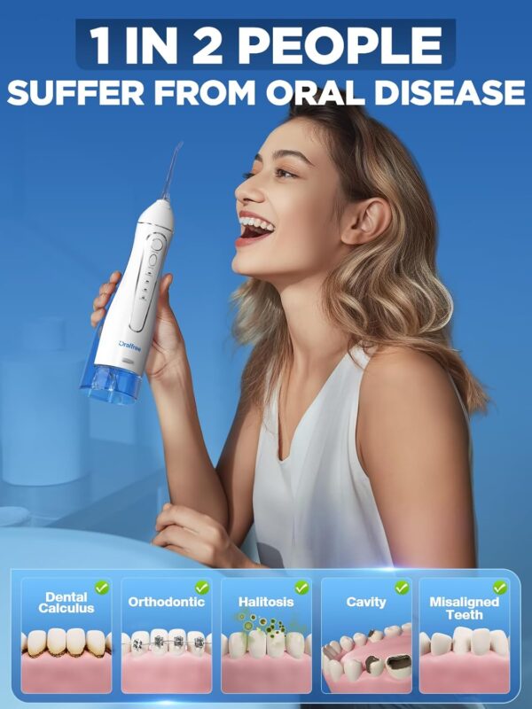Oralfree Water Dental Flosser Cordless for Teeth Cleaning - 4 Modes Oral Irrigator 300ML Braces Flossers Cleaner, Rechargeable Portable IPX7 Waterproof Powerful Battery for Travel Home