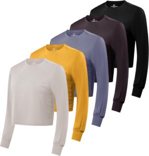 Real Essentials 5 Pack: Women's Dry Fit Crop Top - Long Sleeve Crew Neck Stretch Athletic Tee (Available in Plus Size)