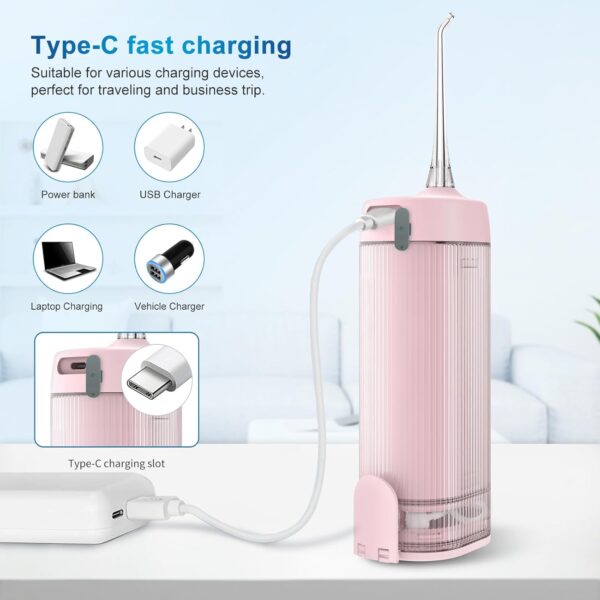 Mini Portable Water Flosser Oral Irrigator Water Teeth Cleaner Pick, Telescopic Water Tank, 4 Modes & IPX7 Waterproof, Home & Travel Water Flossers for Teeth, Braces Bridges Care. (Pink)