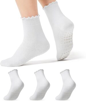COOLMATE Ruffle Pilates Socks with Grips for Women, Cute Non - Slip Crew Socks for Yoga, Barre, Lagree, Pregnant
