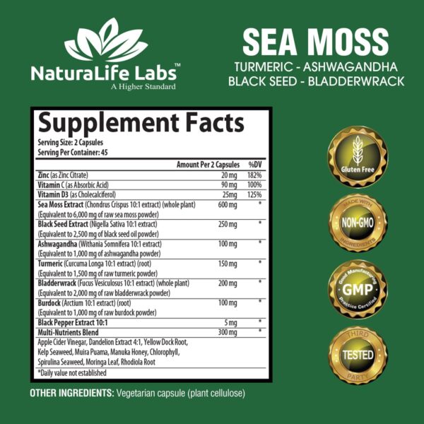 Sea Moss 6000mg - Black Seed Oil 2500mg - Bladderwrack 2000mg - Turmeric 1500mg Ashwagandha 1000mg - Burdock 1000mg - Vitamin C, D3, Yellow Dock Root, Manuka, Dandelion - 90 Veggie caps