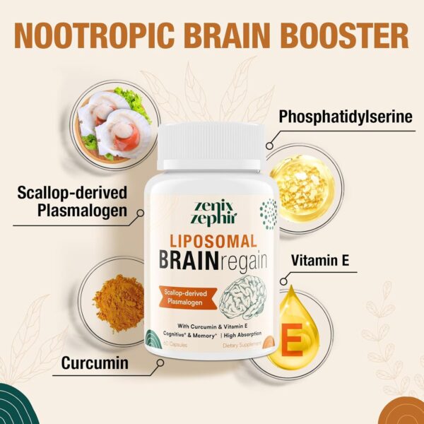 Liposomal Brain Supplements for Memory and Focus - Plasmalogen with Curcumin & Vitamin E for Better Absorption- Suitable for Seniors,Adult Men & Women Cognitive Health,High Potency 60 Servings