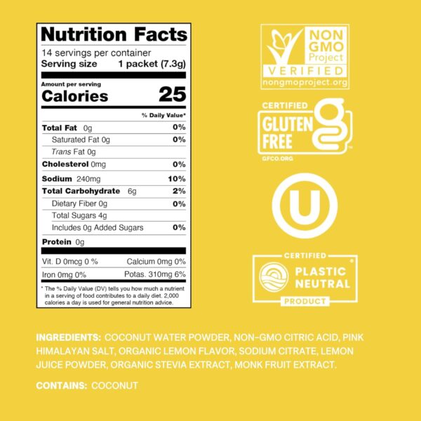 Cure Hydrating Plant Based Electrolyte Mix | Powder for Dehydration Relief | Made with Coconut Water | Non-GMO | No Added Sugar | FSA & HSA | Vegan | Paleo | Pouch of 14 Packets - Lemonade