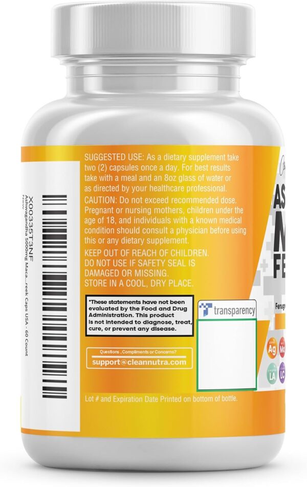 Clean Nutraceuticals Ashwagandha Maca Root Fenugreek Supplement with Tongkat Ali Ginseng - Assists with Stress, Mood & Thyroid - Ashwagandha Capsules Fenugreek Caps - 1 Pack