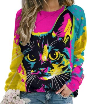 ZOCAVIA Women's Y2K Art Cat Sweatshirts Fall Abstract Cat Graphic Pullover Tops Long Sleeve Oil Painting Cat Printed T Shirts