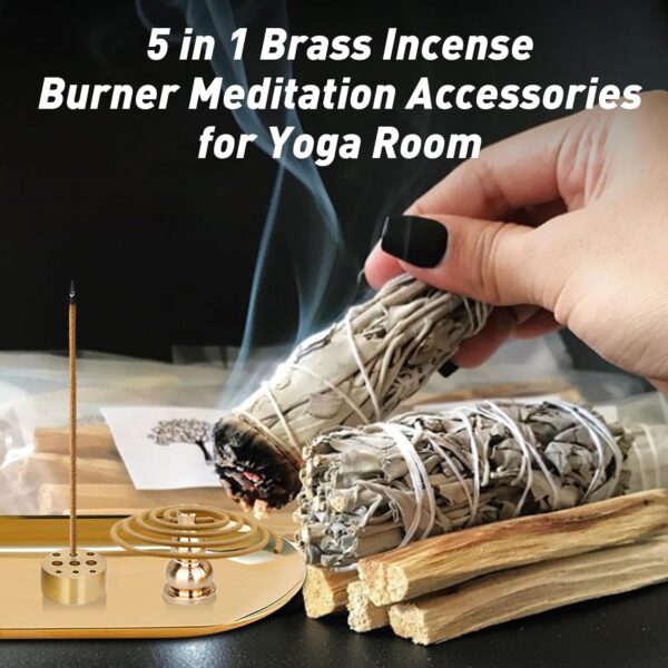 Incense Holder 5.5 inches, 5 in 1 Incense Burner, Palo Santo Holder, Sage Holder, Long Incense Holder for Sticks/Coil Incense/Incense Cones, Brass Insence Sticks Holder, Yoga Meditation Accessories