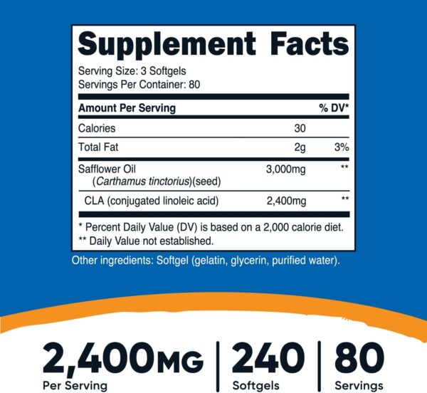 71G0g8ijWpL._AC_SL1500_.jpg Nutricost CLA (Conjugated Linoleic Acid) 2,400mg, 240 Softgels - Gluten Free, Non-GMO, 800mg Per Softgel