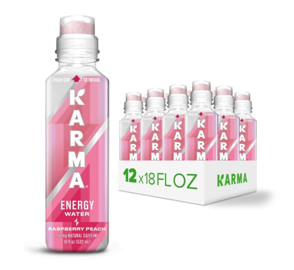 Karma Natural Energy Drink - 12 Pack, Raspberry Peach Caffeinated Water - Clean Focus & Energy Boost