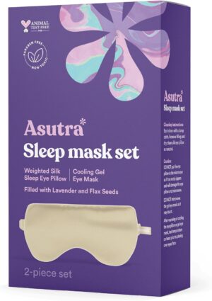ASUTRA Silk Eye Pillow for Sleep, Champagne - Filled w/Lavender Buds & Flax Seeds, Weighted Eye Mask, Meditation & Light Blocking Blindfold, Cooling Gel Mask Included
