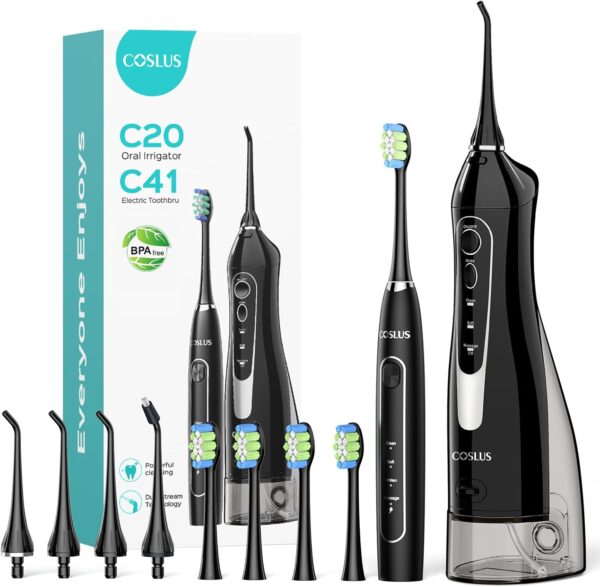 COSLUS Water Flosser & Electric Toothbrush Combo: 300ML, Portable, Cordless, Waterproof, Black, Teeth Cleaning, Deep & Daily Use - Water Dental Pick Oral Care Combo