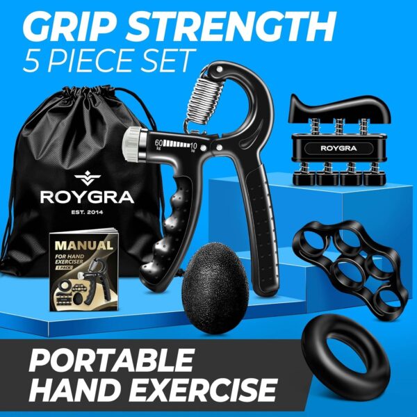 roygra Hand Grip Strengthener, Adjustable Grip Strength Trainer with 4 Exercise Tools - Set of 5