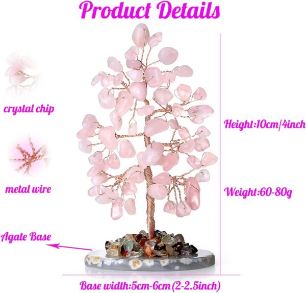 Rose Quartz Healing Crystal Tree of Life Natural Gemstone Agate Slice Base Copper Wire Wrapped Money Trees Pink Feng Shui Reiki Energy Decorations Home Office Room Desk Decor Gifts for Women Men