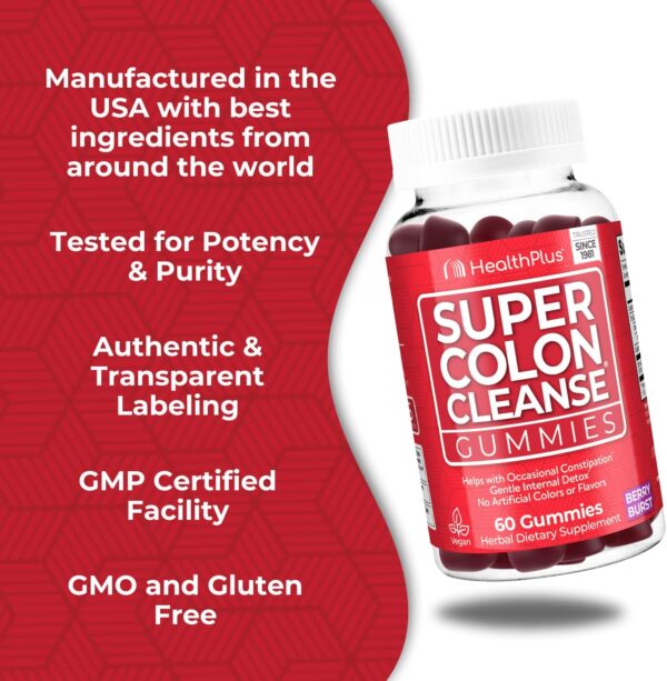 Health Plus Super Colon Cleanse Gummies, Natural Senna Leaf Extract, Gentle, Overnight Relief from Occasional Constipation, Dietary Supplement, Mixed Berry Flavor, 60 Count