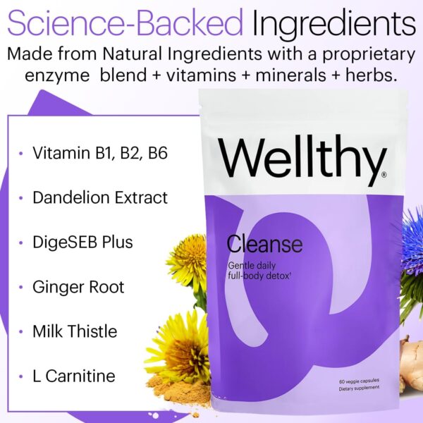 Wellthy Full Body Detox and Immune Support - Advanced Digestive Health, Gut Cleanse and Bloating Relief - All Natural Formula with Milk Thistle, Dandelion Extract and L-Carnitine | 30-Day Supply