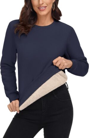 MAGCOMSEN Women's Sherpa Lined Sweatshirts Thermal Casual Crewneck Fleece Pullover Winter Warm Thick Long Sleeve Tops