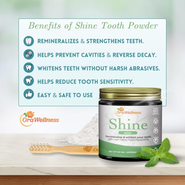 OraWellness Shine Remineralizing Tooth Powder, Natural Teeth Whitening Powder with Hydroxyapatite, Flouride Free Tooth Repair, Natural Teeth Whitening, Teeth Polish & Stain Remover, Fresh Mint
