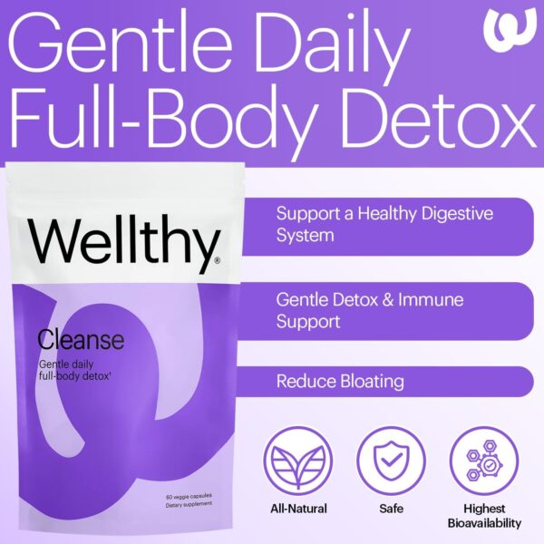 Wellthy Full Body Detox and Immune Support - Advanced Digestive Health, Gut Cleanse and Bloating Relief - All Natural Formula with Milk Thistle, Dandelion Extract and L-Carnitine | 30-Day Supply