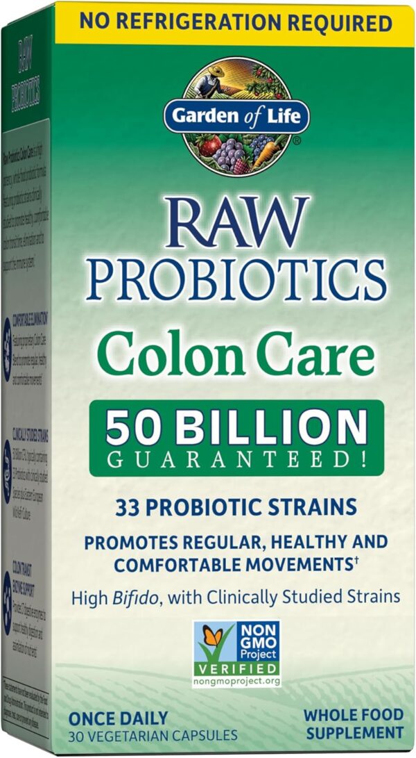 Garden of Life RAW Probiotics Colon Care Shelf Stable - 50 Billion CFU Guaranteed Through Expiration - Once Daily - Certified Non-GMO & Gluten Free - No Refrigeration, 30 Vegetarian Capsules