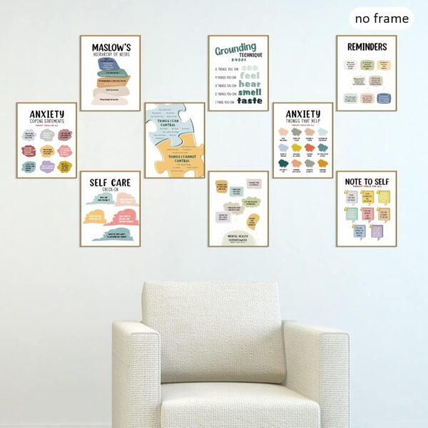 Outus 9 Pieces Mental Health Posters Anxiety Therapy Motivational Poster Psychologist Counselor Inspirational Posters Positive Quotes Wall Decor Classroom for Home Office, 8 x 10 Inch(Retro Style)
