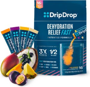 DripDrop Hydration - Tropical Variety Pack - Electrolyte Drink Mix Single Serve Hydration Powder Packets - Mango, Açaí, Passion Fruit, Pineapple Coconut | Non-GMO, Gluten Free, Vegan | 16 Sticks