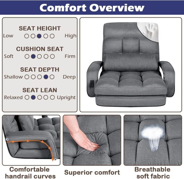 STHOUYN Comfy Floor Chair Bedroom 2 USB Charging Ports, 5-Position Couch Gaming Lounge Chairs Adults, Indoor Folding Lazy Sofa Meditation Arm Dorm Chair Living Room (Grey)