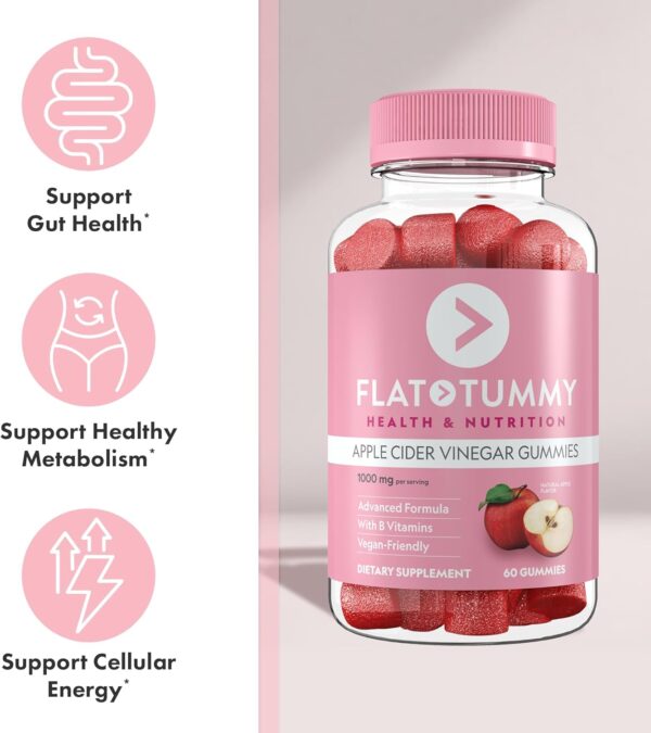 Flat Tummy Apple Cider Vinegar Gummies, 60 Count – ACV Gummies, Detox, Support Gut Health – Vegan-Friendly, Non-GMO - Beet and Pomegranate Superfood Powders, Vitamins B6, B9 & B12
