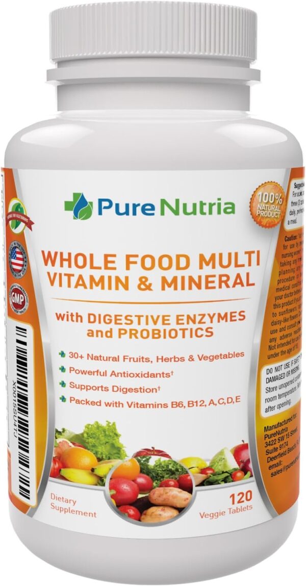 Whole Food MultiVitamin and Minerals with Probiotic Enzymes - 120 Multivitamins for Women and Men - Packed with WholeFood and Herbal Ingredients - Powerful Antioxidants for Digestive Support