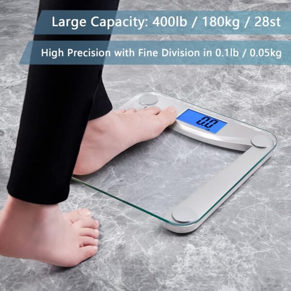 Vitafit Digital Bathroom Weight Scale for Body Weight, High Accuracy Assured by Weighing Professional Since 2001,Extra Large Blue Backlit LCD and Step-On, 400lb/180kg, Clear Glass