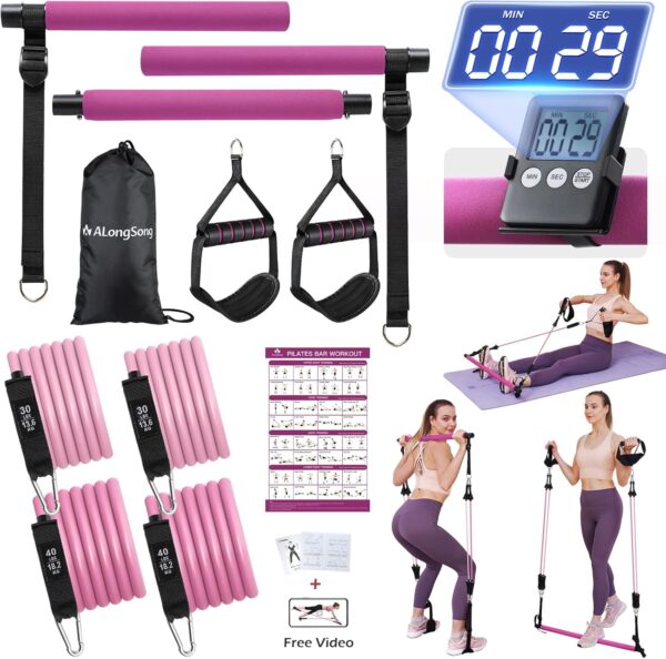 Upgraded Pilates Bar Kit with Resistance Bands Natural Latex for Women & Men, Heavy-Duty Stainless Steel Multifunctional Yoga Pilates Stick for Home Gym Exercise Fitness Equipment Full-Body Workouts