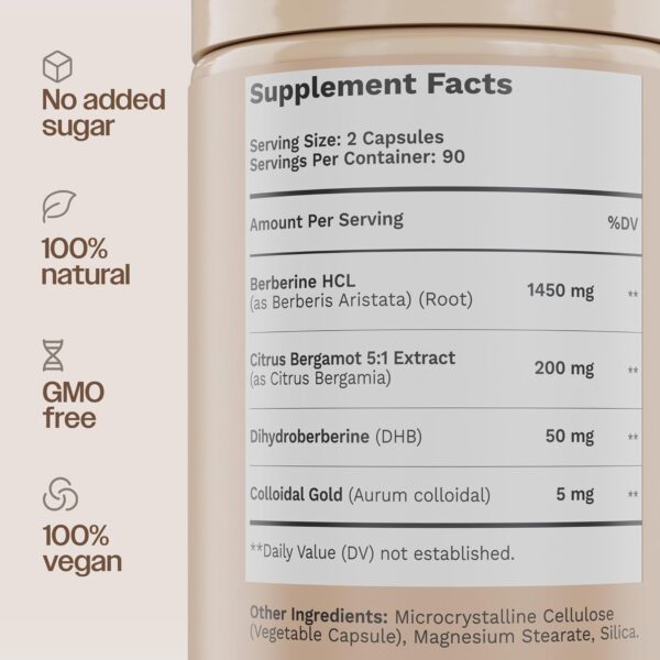 Berberine Supplement 1450mg, Ultra High Potency Berberine Complex with Citrus Bergamot, Colloidal Gold & Berberine Hcl, Dihydroberberine Supplement, 180 Veggie Capsules