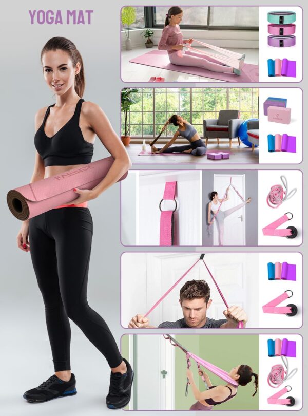 1/3 Yoga Mat Thick, Yoga Set for Beginners Include High Density Yoga Mat with Multi-loops Yoga Strap, Yoga Blocks, Booty Resistance Band Set, Door Anchor, Carring Bag & Strap