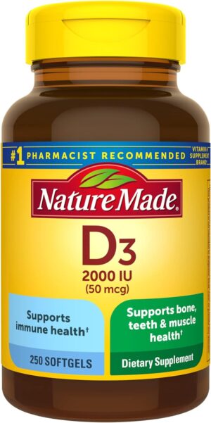 Nature Made Vitamin D3 2000 IU (50 mcg), Dietary Supplement for Bone, Teeth, Muscle and Immune Health Support, 250 Softgels, 250 Day Supply
