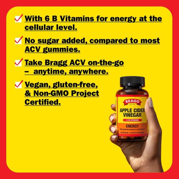 Bragg Energy Apple Cider Vinegar Capsules with B Vitamins - 90 Capsules - Helps Generate Energy at Cellular Level