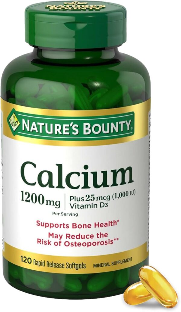 Nature's Bounty Calcium Carbonate & Vitamin D, Supports Immune Health & Bone Health, 1200mg Calcium & 1000IU Vitamin D3, 120 Softgels
