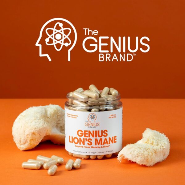 The Genius Brand Genius Lion's Mane Cognition Vitamins Supplement Capsules - Organic Nootropic Supplement, 1200mg per Serving – 120 Veggie Pills